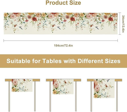 Rustic Floral Table Runner, Watercolor Flower Leaves Hummingbird Butterfly Farmhouse Kitchen Dinning Table Runner for Indoor Outdoor Home Wedding Party Holiday, 13x90 Inch