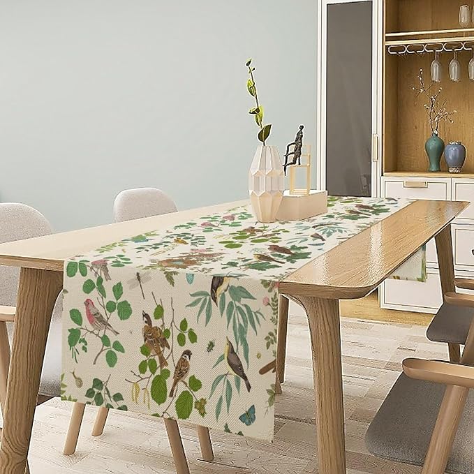 Vintage Bird Flower Table Runner Seasonal Spring Summer Garden Plants Farmhouse Country Kitchen Dining Table Decoration for Home Party Holiday 13"x36"