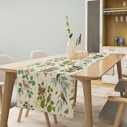 Vintage Bird Flower Table Runner Seasonal Spring Summer Garden Plants Farmhouse Country Kitchen Dining Table Decoration for Home Party Holiday 13"x60"