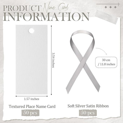 50 Pcs Name Place Cards for Table Setting Blank Wedding Place Cards with Satin Ribbon 1.57 x 3.54 Inch Hanging Gift Tags for Wedding Dinner Banquet Party Table Setting Supplies (Silver)