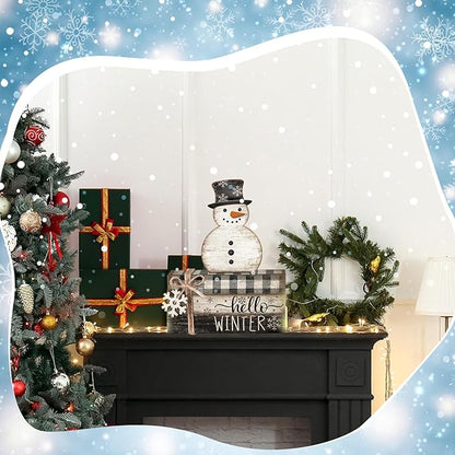 4 Pcs Snowman Christmas Decor Winter Table Decorations Christmas Tiered Tray Decor Winter Centerpiece Indoor Rustic Wooden Snowman Block Sign Gift Farmhouse for Home Kitchen Shelf