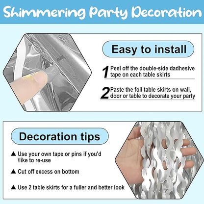 6 Pack 29 x108 Inch Silver Wave Foil Fringe Table Skirts Metallic Banner for Tinsel Streamer Garland Backdrop for Parade Floats, Mother's Day, Easter, Wedding, Birthday Party Decoration