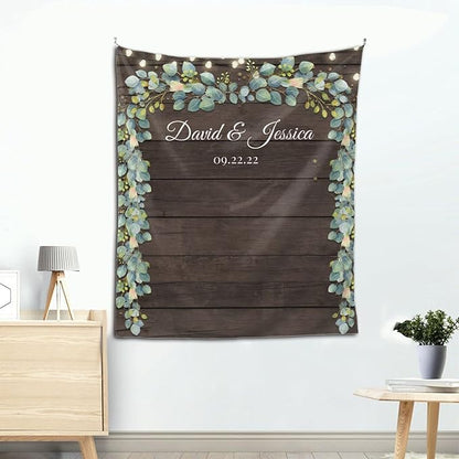 Wedding Backdrop for Reception, Rustic Wood Green Leaf Banner, Custom Tapestry with Names & Date, Personalized Calligraphy Banner Ceremony, Botanical Lights One Size