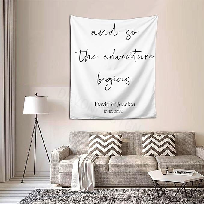 And So The Adventure Begins Custom Tapestry with Names and Date, Rustic Wedding Sign, Personalized Calligraphy Wedding Banner for Ceremony and Reception