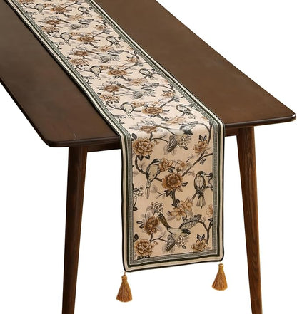 ISAENNE Designer Vintage Beige Linen Table Runner 87 Inches Long,Elegant Floral and Bird Pattern Decor Table Runners for Dining Tables,Thanksgiving,Christmas,Banquet,Party,12"*87"-Murad A