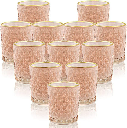 SHMILMH Pink Votive Candle Holders Set of 12, Vintage Glass Tealight Candle Holder with Gold Rim, Votives for Valentines Table Centerpiece, Wedding Decoration