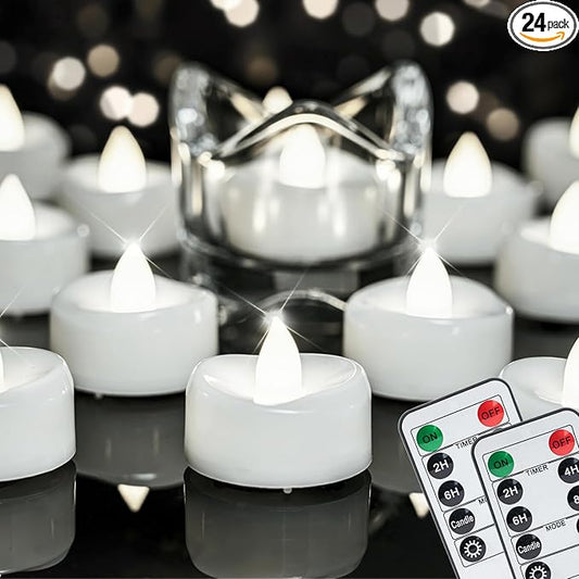 Remote Candles, 24PCS Flameless Tea Lights Candle Battery Operated with Timer, 400+Hours Remote Control LED Tea Lights Votive Candle - 1.5'' D X 1.25'' H- Pure White Light