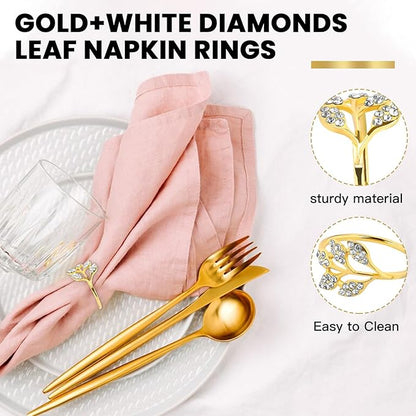 Gold Napkin Rings Set of 10,Napkin Rings Holder Buckles,Thanksgiving Christmas Napkin Ring Alloy Leaf Diamonds Napkin Ring for Dining Table Decor Wedding,Dinner Party Decorations White Diamonds 10pcs