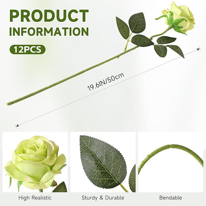 Tifuly Green Roses Artificial Flowers -12Pcs Realistic Single Long Stem Fake Silk Roses Bouquet for Party Home Wedding Centerpiece Hotel Office Decor