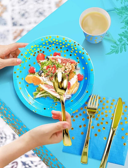 141 Pieces Sky Blue Gold Party Supplies, Party Dinnerware Sets Include Paper Plates Napkins Cups Silverware, for Wedding Bridal Shower Engagement Birthday Parties Decoration -20 Serves