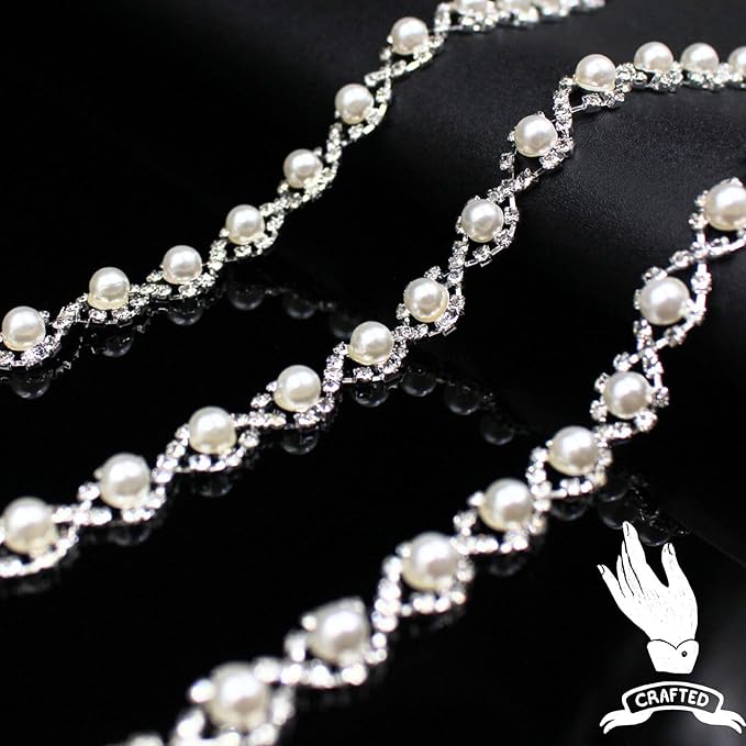 2 Yard Pearl Rhinestone Trim Chain Silver String Crystal Applique Fringe Ribbon Strips Beads Sewing Dress DIY Party Wedding Bouquet for Decoration Bridal Costume Embellishment