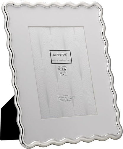 Silver 8x10'' Wave Design Photo Frame with Acid Free Mat for 5x7'',High-End Zinc Alloy Picture Frames with Velvet Back,Fashionable Style Silver frames 7x5''