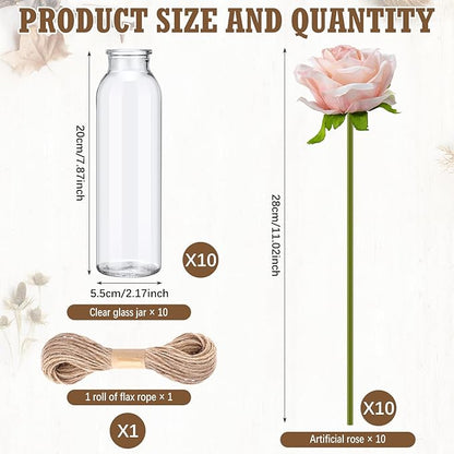 10 Set Dried Pampas Grass Centerpiece for Wedding 10 Clear Glass Jars 10 Artificial Roses 80 Dried Pampas Grass with Rope for Baby Shower Rustic Bridal Party Farmhouse Decoration(Pink)