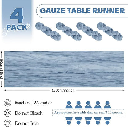 Aktor 4 Pack Dusty Blue Table Runner Boho Cheesecloth Table Runner Semi Sheer Gauze Fabric Runners for Wedding Birthday Baby Shower Party Boho Table Decoration（Dusty Blue）