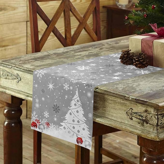Christmas Snowflakes Cotton Linen Table Runner for Dining Kitchen, Xmas Tree Snow Winter Wedding Outdoor Party Tablerunners Decoration, Grey Balls Dresser Scarf Coffee Tablecloth Runners 13x48 Inches