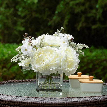 ENOVA FLORAL Artificial Flower Arrangement with Vase,Mixed Artificial Silk Peony Flower in Vase for Decoration Home Office, Wedding Centerpiece (Cream)