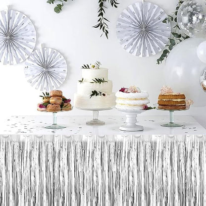 3 Pack 29 x108 Inch Silver Foil Fringe Table Skirts Metallic Banner for Tinsel Streamer Garland Backdrop for Parade Floats Wedding Thanksgiving Birthday Christmas Halloween New Year Party Decoration