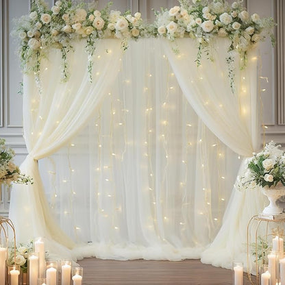 10×10ft Cream White Tulle Backdrop Curtain with Lights String for Parites, Sheer Photo Curtain Backdrop Drapes for Wedding Party Photography Backgrounds