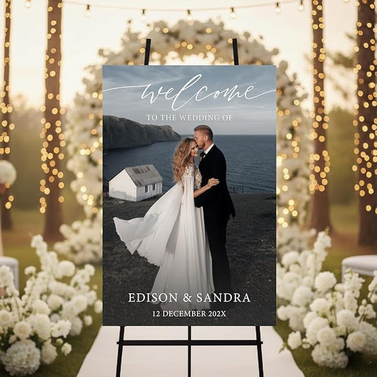 Personalized Wedding Photo Acrylic Welcome Sign – Custom Picture Board with Bride & Groom Names, Elegant Acrylic Wedding Reception Entrance or Ceremony Decoration, Indoor & Outdoor Keepsake Gift #12