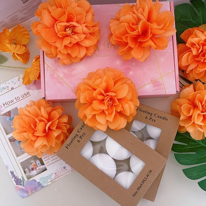 24 Pcs Floating Candles for Centerpieces and Floating Flowers Vase Fillers for Centerpieces Orange Artificial Flowers for Wedding Table Party Home Decoration