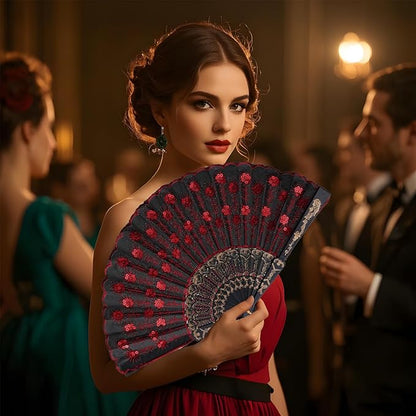 QIRMIZI 30 Pack Fabric Folding Handheld Fans, Perfect for Weddings, Parties, and Dancing,Red