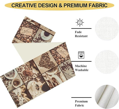 Coffee Theme Table Runner, Rustic Farmhouse Coffee Cup Latte Cappuccino Tea Party Cafe Table Center Decor for Home Kitchen Dining Patio Holiday Party Indoor Outdoor Table Decorations, 13"x108" Inch