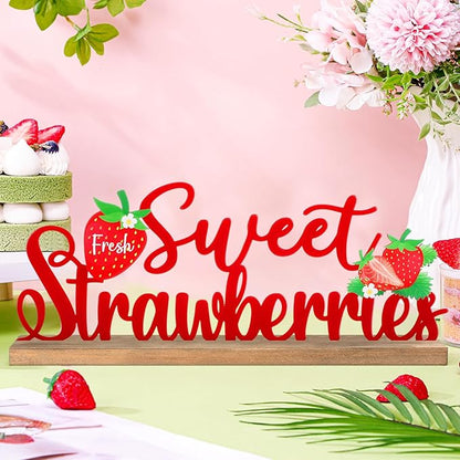 Fresh Sweet Strawberries Metal Sign Rustic Table Decor Summer Tiered Tray Decor with Wooden Base Freestanding Metal Word Sign for Home Tabletop Centerpiece Mantel Shelf Fireplace