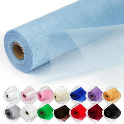 Crystal Organza Fabric Tulle 11 Inch by 50 Yards Sheer Tulle Rolls for DIY Craft Wedding Party Baby Shower Decor Gift Wrapping Party Supplies (Light Blue)