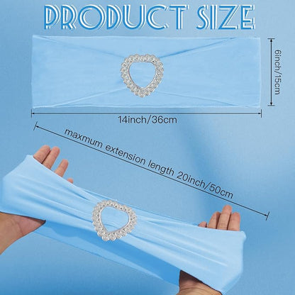 100 Pack Spandex Stretch Blue Chair Sashes Bows Universal Elastic Light Blue Chair Cover Bands Ties with Buckle Slider for Wedding Party Banquet Ceremony Reception Event Decorations