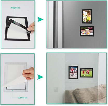 CRUGLA 5x7 Magnetic Picture Frames for Refrigerator 12 Packs, Modified Magnetic Sheet with Self Adhesive Backing, Black 5 by 7 Magnetic Photo Frame Set for Glass Window Door Cubicle