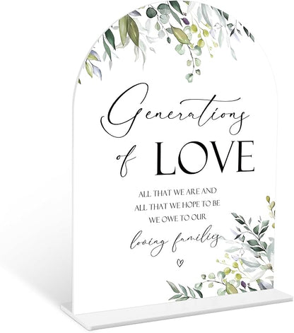 Greenery Generations Of Love Sign, 6 x 8 Inch White Arch Acrylic Wedding Sign with Holder, Wedding Sign for Ceremony and Reception, Wedding Decoration, Wedding Supplies - LY16