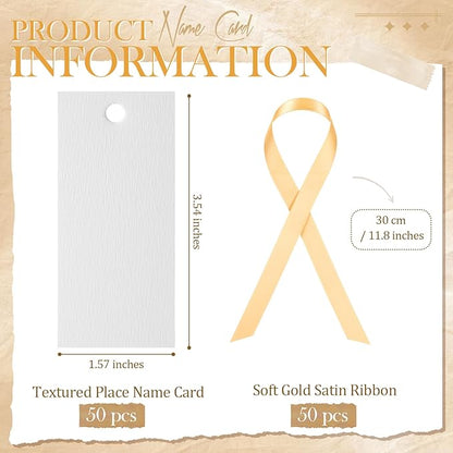 50 Pcs Name Place Cards for Table Setting Blank Wedding Place Cards with Satin Ribbon 1.57 x 3.54 Inch Hanging Gift Tags for Wedding Dinner Banquet Party Table Setting Supplies(Gold)