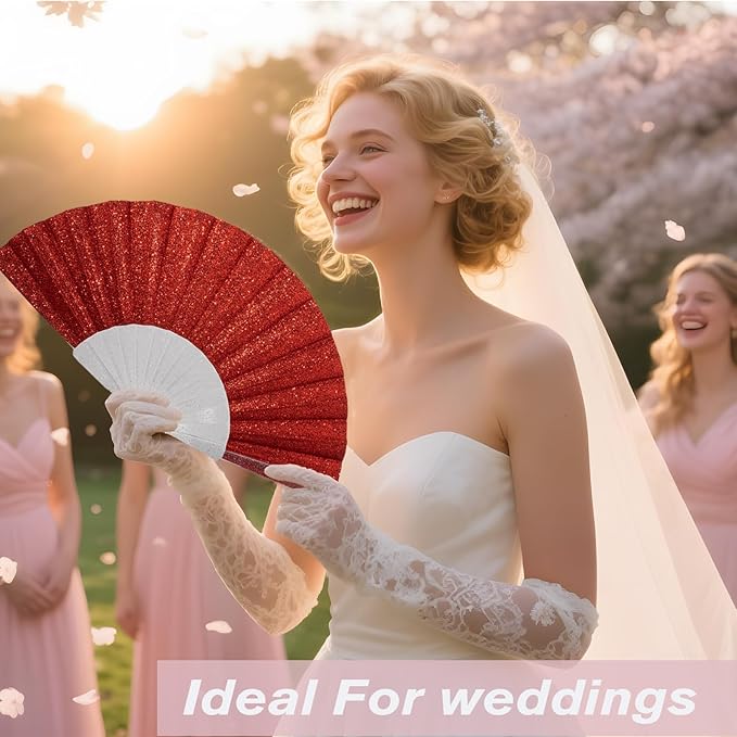 12 Pack Handheld Fan,Folding Hand Glitter Fan with Shining Transparent Fan Rib – Ideal for Wedding, Church, Festival, Dance, Tea Party, Club, and EDM Accessories, Red