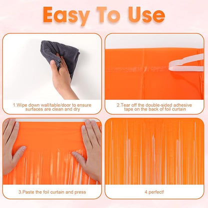 4 Pack Orange Foil Fringe Backdrop Curtains, Tinsel Streamers Birthday Party Decorations, Fringe Backdrop for Graduation, Baby Shower, Gender Reveal, Disco Party