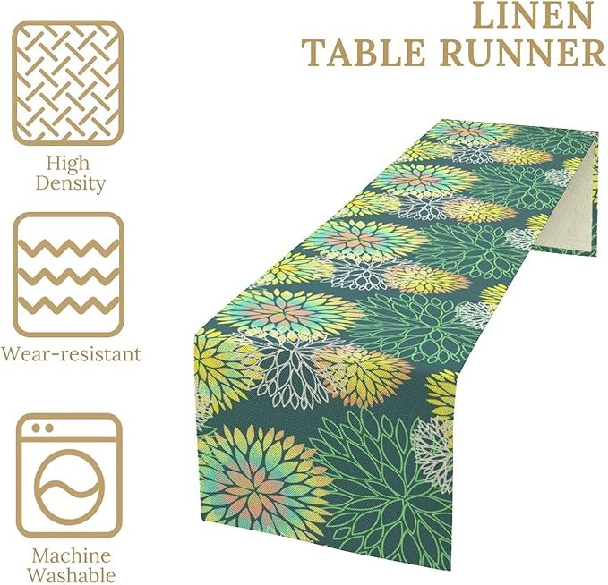 Green Dahlia Flower Table Runner, Linen Geometric Pattern Floral Table Decor Spring Farmhouse Decorations for Kitchen Dining Holiday Party Decor, 13x36 Inch