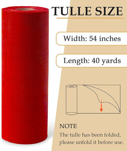 Red Tulle Fabric Roll, 54" x 40 Yards (120FT) Tulle for Christmas Decorations Gift Wrapping Wedding DIY Tutu Party Backdrop Baby Shower Table Skirts
