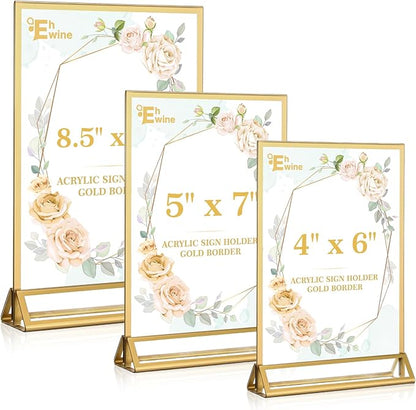 EHWINE 2 Pack Acrylic Sign Holder 5 x 7, Double Sided Gold Picture Frame Stand up Table Top Sign Holders, Clear Display Stand Menu Flyer Holder for Wedding Party
