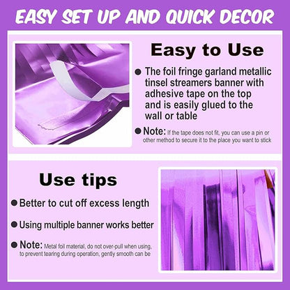 6 Pack 10 Ft Light Purple Foil Fringe Garland Metallic Streamers Tinsel Banner Wall Hanging Garland Backdrop for Parade Floats, Halloween, Christmas, Thanksgiving, New Year Party Decorations