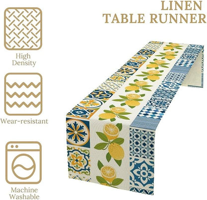 Lemon Table Runner,Watercolor Blue Fruits Green Leaves Print Table Cloth Kitchen Dining Table Home Party Decoration 13x120 Inch