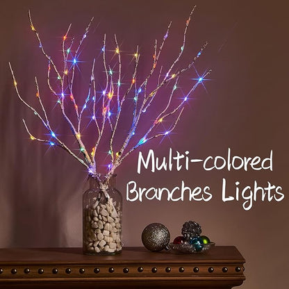 Fudios Lighted Birch Branches with 70 Multicolor LED Fairy Lights 18in Battery Operated, Lit White Twig Branches Color Changing Lights for Christmas Party Decoration