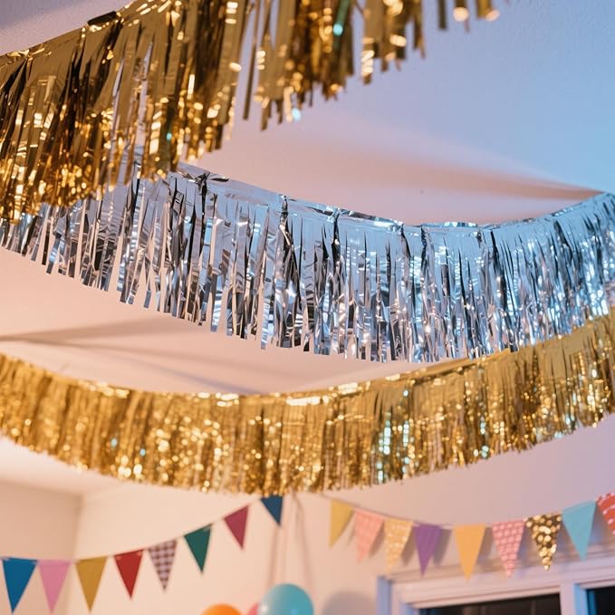 6 Pack Gold Total 60 Feet Foil Fringe Garland Metallic Tinsel Banner Wall Hanging Drapes Parade Float Skirting Decorations for Trailer Mardi Gras Party Birthday Wedding (Gold)