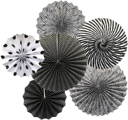 Party Hanging Paper Fans Set, Black Round Pattern Paper Garlands Decoration for Birthday Wedding Graduation Events Accessories, Set of 6