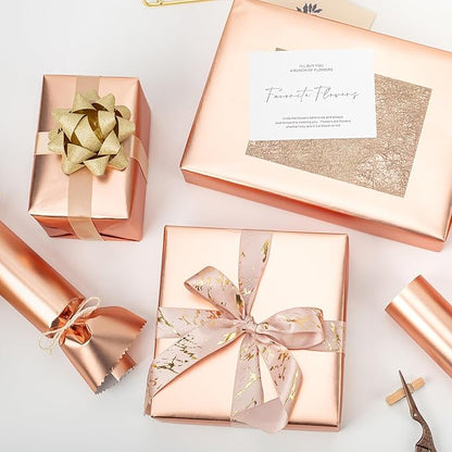 Garbendy Rose Gold Wrapping Paper Roll - Solid Color Metallic Paper Perfect for Birthday, Wedding, Baby Shower, Party - 17 Inch X 33 Feet