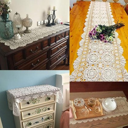 KEPSWET Cotton Handmade Crochet Lace Table Runner Wine Red Rectangle Coffee Table Dresser Decor (14x36 inch)