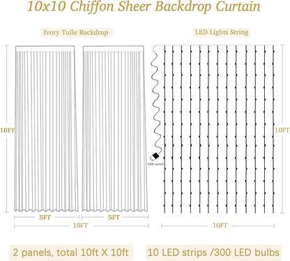 10ft x 10ft Ivory Backdrop Curtain with Lights for Baby Shower, Sheer Backdrop Curtains with Lights for Wedding, Chiffon Light Curtain Backdrops for Birthday Parties Photo Shoot (5x10ft,2 Panels)