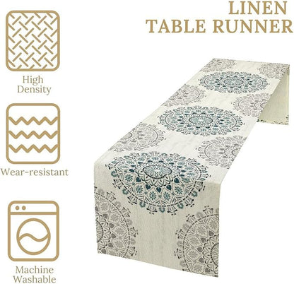 Boho Flower Table Runner, Bohemian Turquoise Mandala White Teal Floral Kitchen Dining Table Runners for Indoor Outdoor Home Party Holiday Decor, 13x108inch