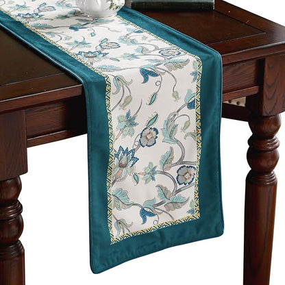 patdrea Designer Elegant French Floral Velvet Table Runner, Teal with Blossoms Pattern Table Mat, Decoration for Kitchen Dining Coffee Table Shelf Cabinet Banquet Thanksgiving,12"*71"