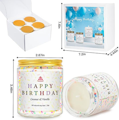 Happy Birthday Candles Set, 4 Pack Birthday Candle Gifts for Women, Unique Best Friend Birthday Gifts Ideas for Her and Him, Natural Soy Candle Scent of Vanilla Coconut/Lavender/Eucalyptus Mint - 7oz