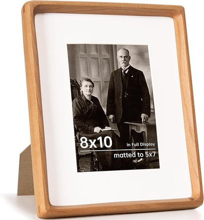 8x10 Picture Frame USA-Sourced Natural Cherry Wood Solid Original Wood Photo Frame Rounded Corner with Mat to 6x8 Picture Display with Real Glass Family Picture, Wedding Picture, Photo, Certificate