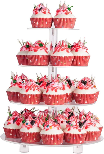 YestBuy 4 Tier Round Acrylic Cupcake Stand with Base, Premium Cupcake Holder, Acrylic Cupcake Tower Display Cady Bar Party Décor – Display for Pastry (4" Between 2 Layers with Base)